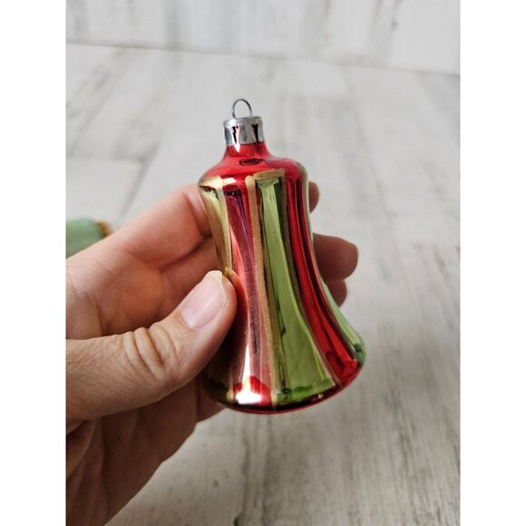 Vintage glass bell striped red green ornament Xmas set - Picture 12 of 14